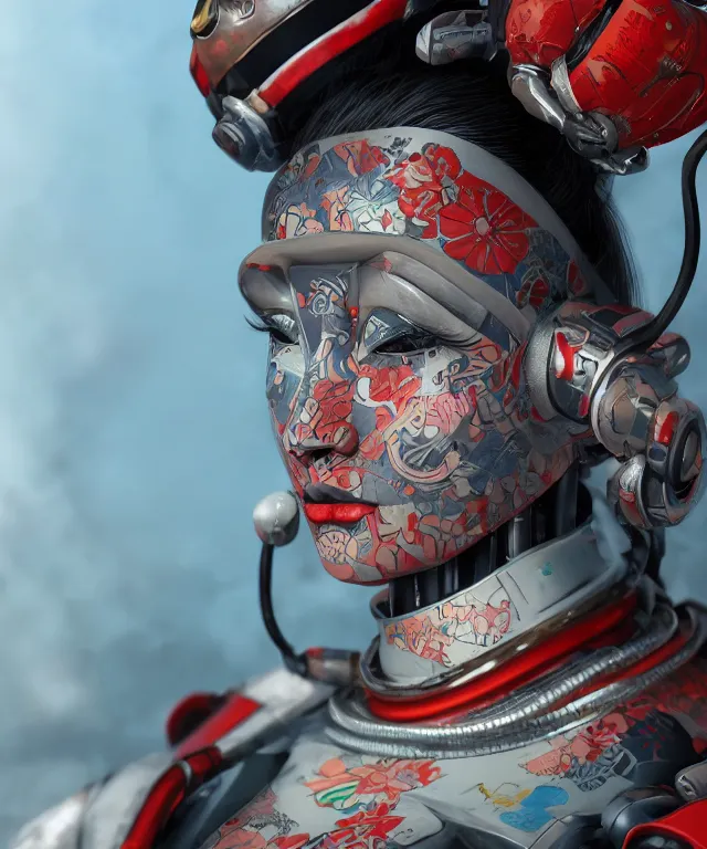 Image similar to an epic fantastic realism comic book style portrait painting of a japanese robotic geisha with kanji tattoos and decals, apex legends, octane render, intricate detail, 4 k hd, unreal engine 5, ex machina, irobot