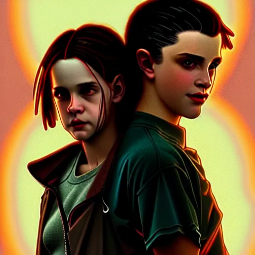 Prompt: Twilight version of Stranger Things, Portrait of Edward and Bella, diffuse lighting, fantasy, intricate, elegant, highly detailed, lifelike, photorealistic, digital painting, artstation, illustration, concept art, smooth, sharp focus, art by Alphonse Mucha