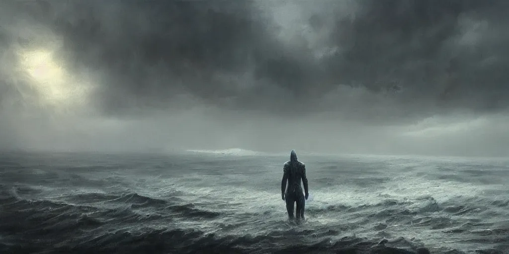 Image similar to cthulhu rising out of the ocean, hyper realistic oil painting, dark, moody cinematic lighting, creepy, fog, storm clouds, by greg rutkowski, trending on artstation