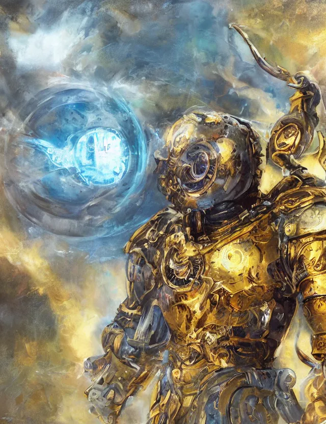 Prompt: full body, attack position abstract painting in lush fantasy environment of a ornate holy mechanical warforged with circular glowing eye, discus shaped head, character in yellow armor holding a legendary paladin engraved holy great longsword and carrying a huge heavy paladin shield, face in focus, epic , trending on ArtStation, masterpiece, cinematic lighting, by Ross Tran, by Delphin Enjolras, by Ruan Jia, by Greg Rutkowski