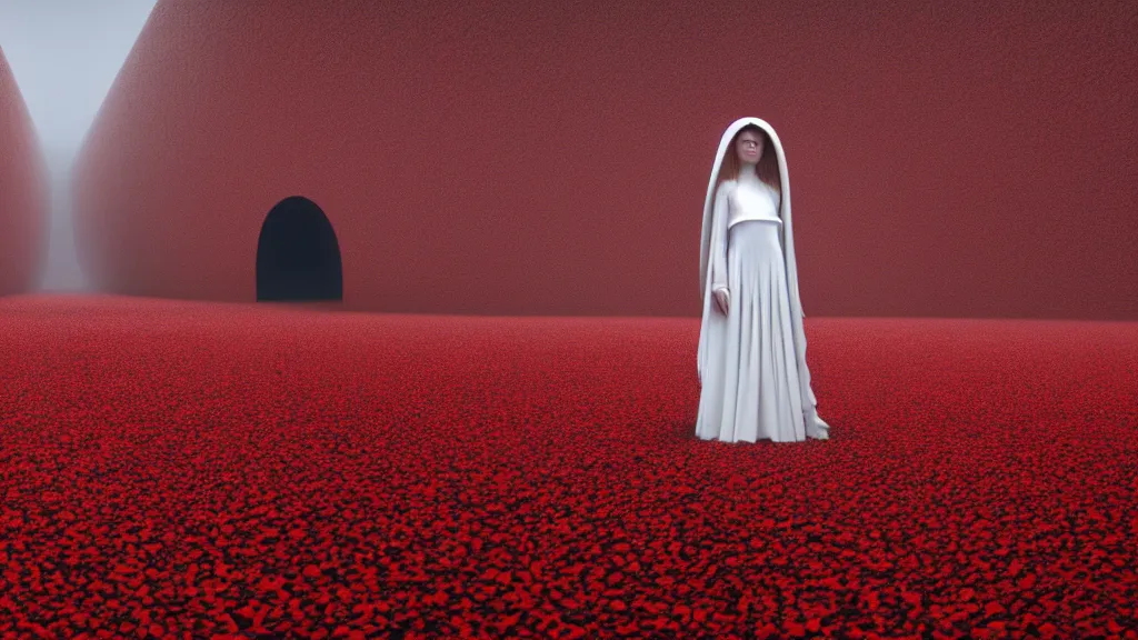 Image similar to a warped tunnel of irregular red and black checkerboard pattern drowns a woman in a white gown, 4k film still from the movie directed by Denis Villeneuve with art direction by Zdzisław Beksiński, wide lens