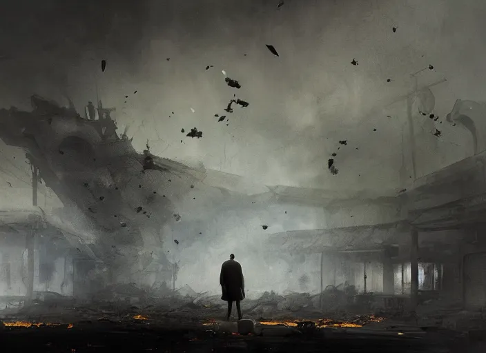 Image similar to the silhouette of a sad man looks at the destroyed and burning world, sheets of paper fly around volumetric lighting, digital painting, highly detailed, artstation, sharp focus, illustration, concept art, ruan jia, steve mccurry, amazing composition