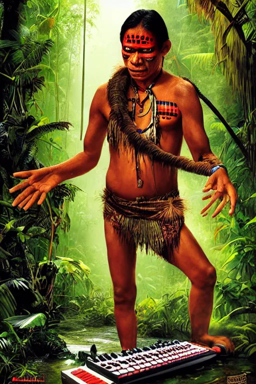 Prompt: an indigenous ecuadorian huaorani man playing with akai mpc 2 0 0 0 in the jungle, wet floor, poster art by daniele caruso, benediktus budi, jason edmiston, vc johnson, powell peralta, volumetric light, fog