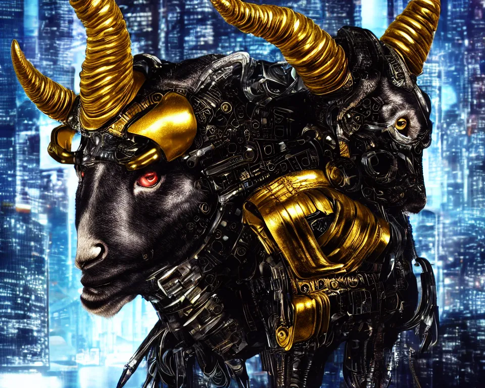 Prompt: cyberpunk Black ram with golden horns portrait, detailed face and eyes, city background, by Anne Stokes, 8K DoP