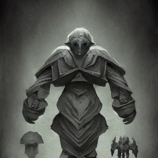 Prompt: Golem with a 12 side polyhedron head. Dark Fantasy, concept art, Bloodborne style