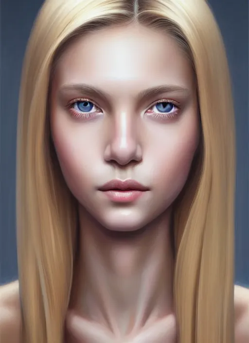 Image similar to beautifully symmetrical face, portrait of young woman blessed with ever - increasing physical and mental perfection, realism, blonde hair, coquettish perfect face!! intricate, elegant, highly detailed, vision of holy perfection!! smile, digital painting, artstation, concept art, smooth, sharp focus, illustration, art by artgerm and greg rutkowski and alphonse mucha