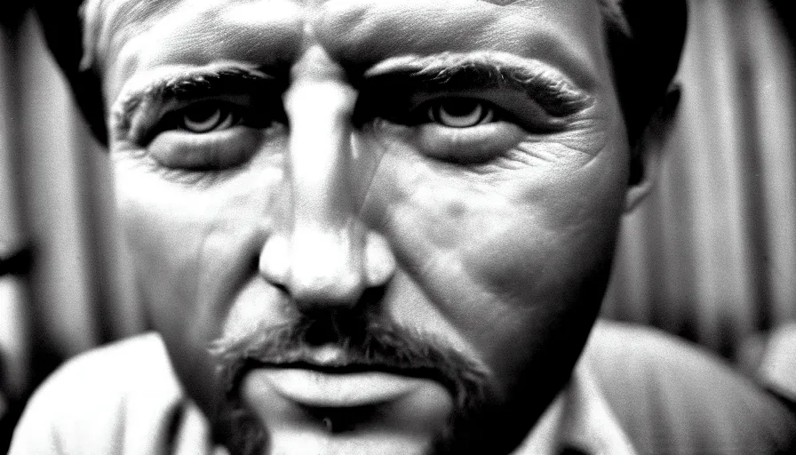 Prompt: 1 9 6 0 s movie still close - up of marcus atilius regulus'face with his eyelids teared off, cinestill 8 0 0 t 3 5 mm b & w, high quality, heavy grain, high detail, texture, dramatic light