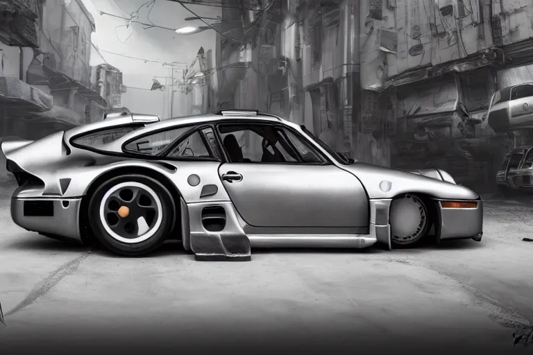 Prompt: porsche 9 5 9 cyberpunk car sitting on the side of the road, back to the future flux capacitor, a detailed matte painting by zack snyder, trending on cg society, auto - destructive art, vray tracing, unreal engine 5, reimagined by industrial light and magic