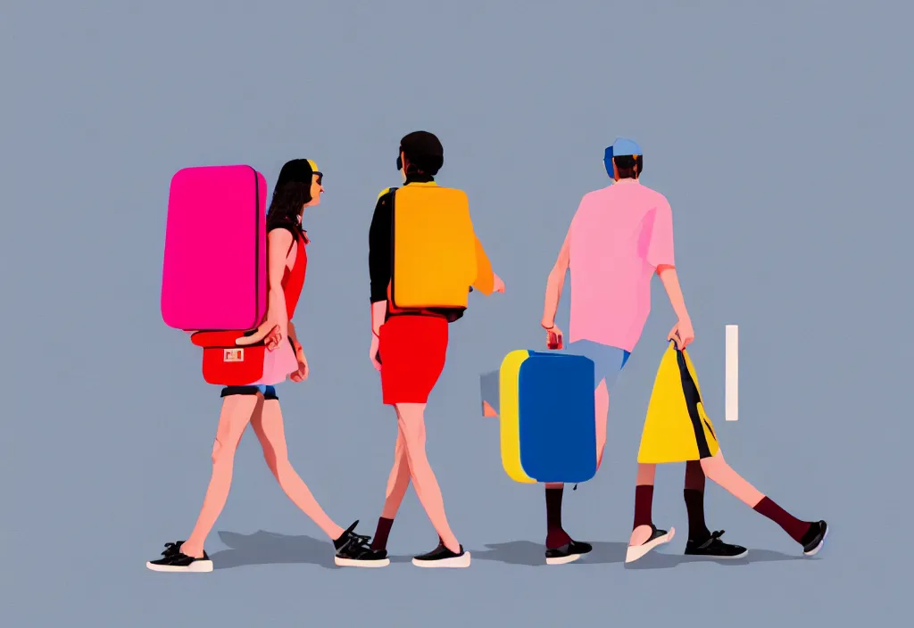 Image similar to full body portrait of a duo of european tourists travel apparel, various poses walking and carrying luggage, geometric character designs painting, in the style of wes anderson, rene magritte, lola dupre, david hockney, isolated on white background, dark monochrome neon spraypaint accents octane render