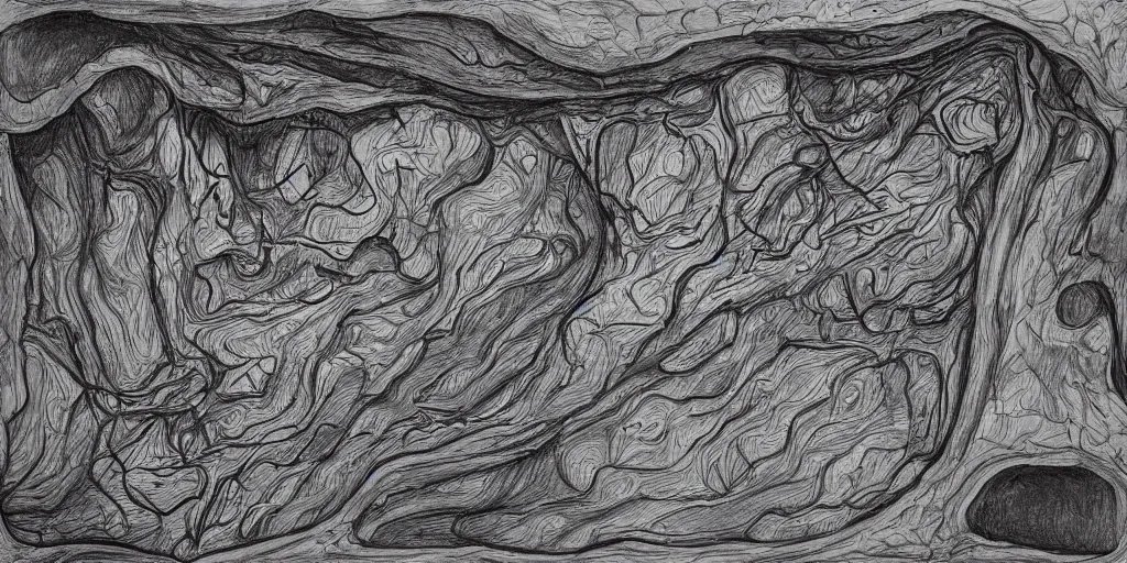 Image similar to a highly detailed line and shaded drawing of a puddle of black liquid from which a face and bones emerge