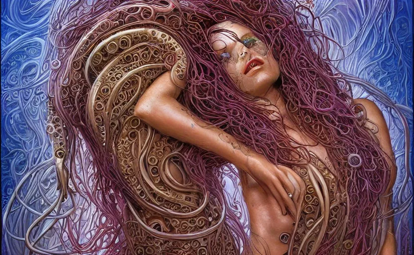 Image similar to beautiful psychedelic goddess enrobed in tentacles in the style of peter gric