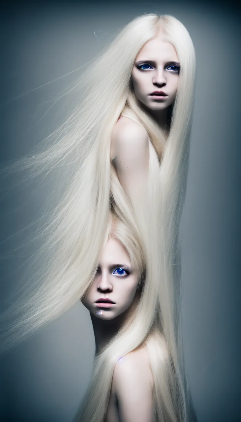 Prompt: photo portrait of a young woman with long blond hair dressed in long white, fine art photography light painting in style of Paolo Roversi, professional studio lighting, dark background, hyper realistic photography, fashion magazine style