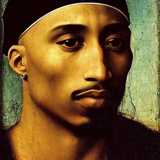 Image similar to A Renaissance portrait painting of Tupac Shakur by Giovanni Bellini and Leonardo da Vinci. Tupac