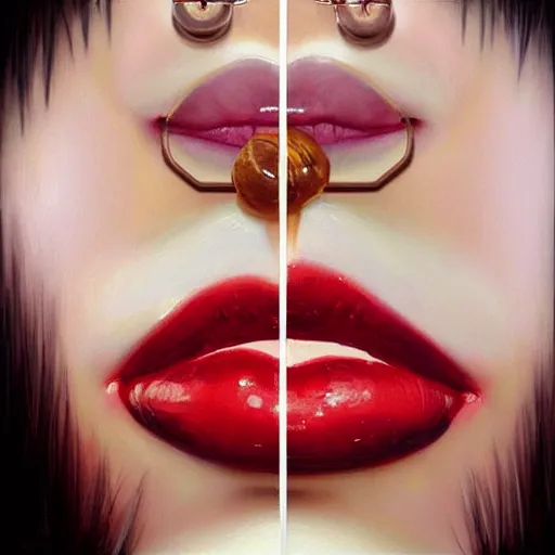 Image similar to “ hyperrealistic portrait of a beautiful woman, pale skin, red lips, tongue licking lips, drenched in honey by mike dargas ”