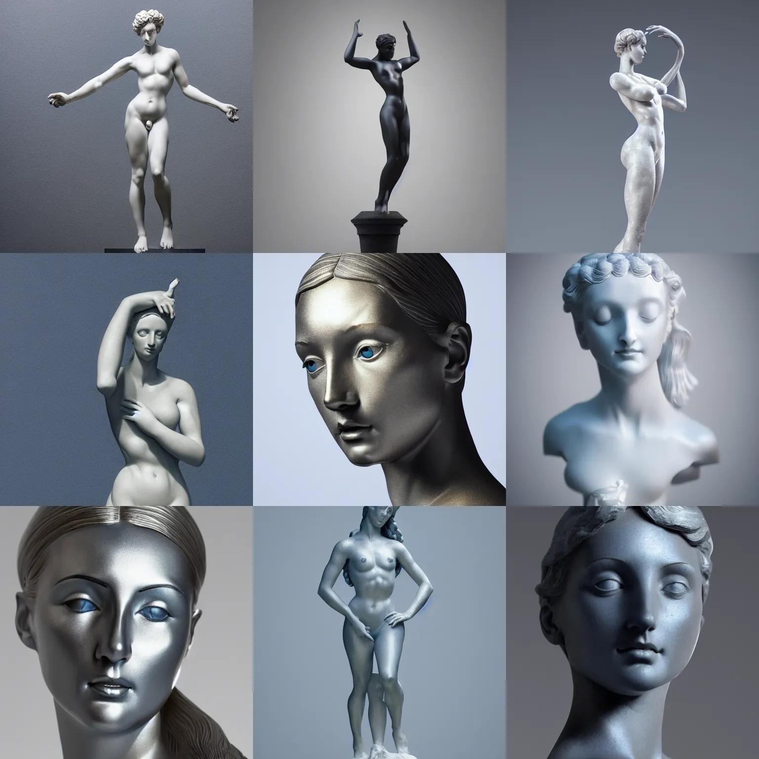 Prompt: ( statue of the perfect woman ) designed by michelangelo, studio photo, white backdrop, studio light, solid works, octane render, macro shot, in focus, dept of field, silver, blue, black design