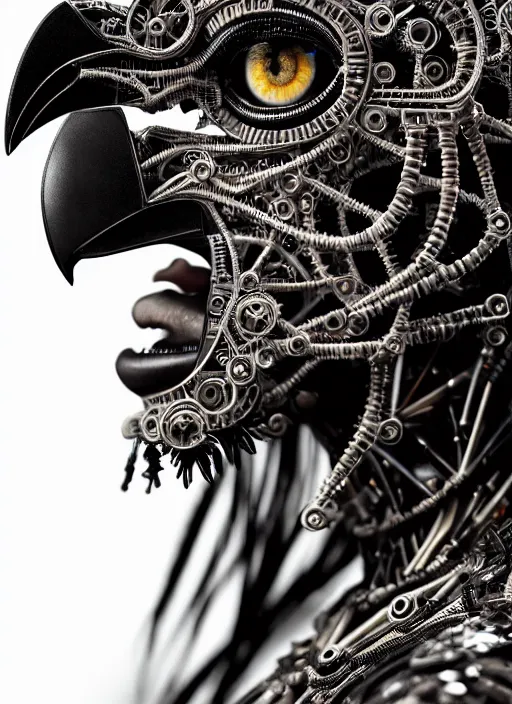 Image similar to a stunning young female crow mixed cyborg profile face, face is made intricate tribal bio - mechanical, editorial photography, bw, shot on 7 0 mm, depth of field, f / 2. 8, high contrast, 1 6 k, volumetric lighting, shiny, insanely detailed and intricate, hypermaximalist, elegant, ornate, hyper realistic, super detailed