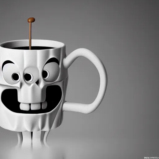 Image similar to 3d render pixar cartoon skeleton drinking a cup of coffee, hd octane render