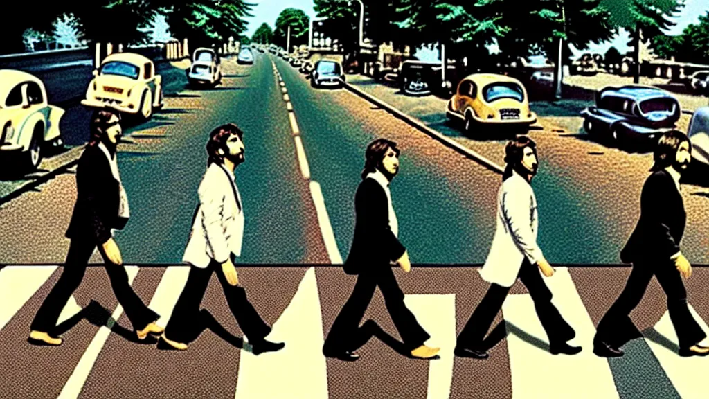 Image similar to The Beatles made out of Honey!! on abbey road, film still from the movie directed by Denis Villeneuve