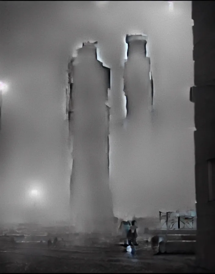 Image similar to very low - resolution found footage of a couple escaping in the city from a starfish kaiju monster, fog, foggy, korean film noir, monochrome, red hue, thriller, underdeveloped, epic, dramatic