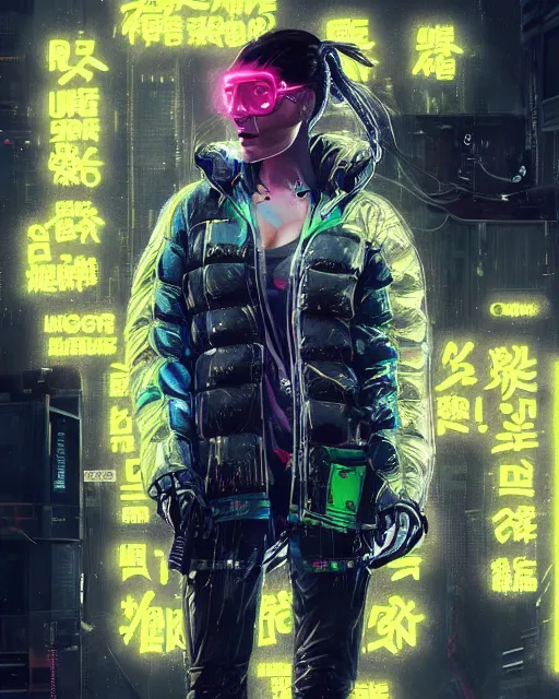 Image similar to neon operator margot robbie, cyberpunk futuristic neon, reflective puffy coat, decorated with traditional japanese ornaments by ismail inceoglu dragan bibin hans thoma greg rutkowski alexandros pyromallis nekro rene maritte illustrated, perfect face, fine details, realistic shaded, fine - face, pretty face