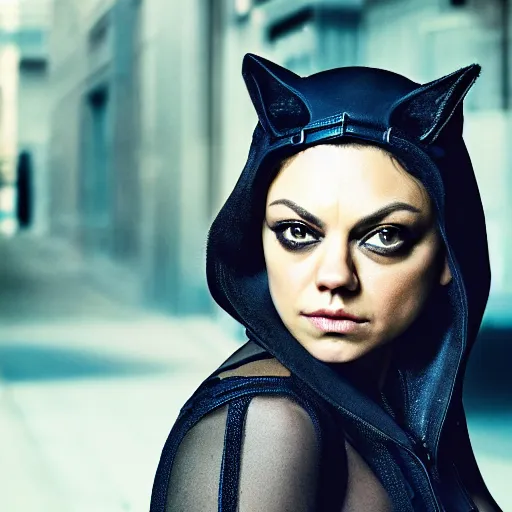 Image similar to Mila Kunis as Catwoman, XF IQ4, 150MP, 50mm, F1.4, ISO 200, 1/160s, natural light, photoshopped, lightroom, enhanced, photolab