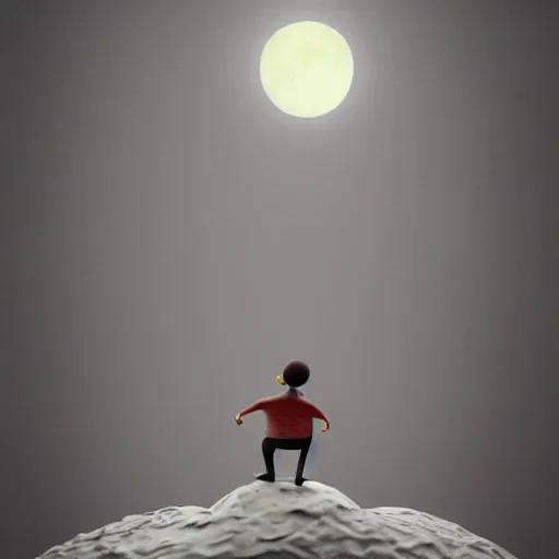 Image similar to full moon, travel upwards, flying, figurines, tilt shift, physical, style of 3 d, occlusion, white clay, style of dave mckean, style of shuzo oshimi, style of will eisner, full of color, on white, smooth, thin sharp lines, detailed, octane render