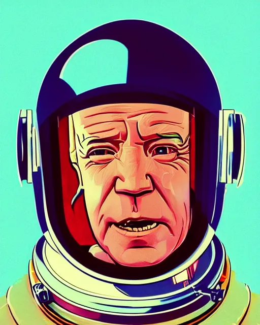 Image similar to joe biden 2 6 years old astronaut, retro space helmet, forbidden planet 1 9 5 6, retro futurism 1 9 5 0 s, half portrait by stanley artgerm, dramatic lighting, ilya kuvshinov, trending on artstation, flat colour, geometric curves, gradient filter, pleasing tone colours, space walk, by conrad roset