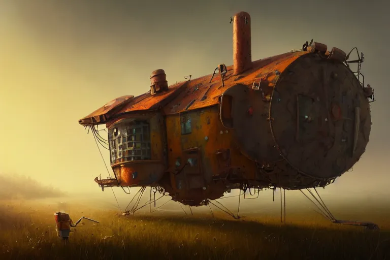 Image similar to a walking magic house with two mechanical legs, rust, hyperrealistic, highly detailed, cinematic, single ray of sun, fog, beautiful, cgssociety, artstation, 8 k, oil painting