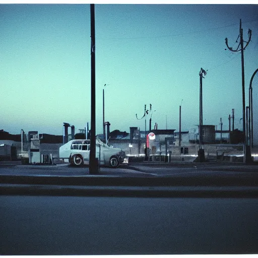 Prompt: a cinestill photography, it's night, the city is quiet, a car is parked at the last gas station at the edge of town, in the darkness eyes watch us, cinestill 800