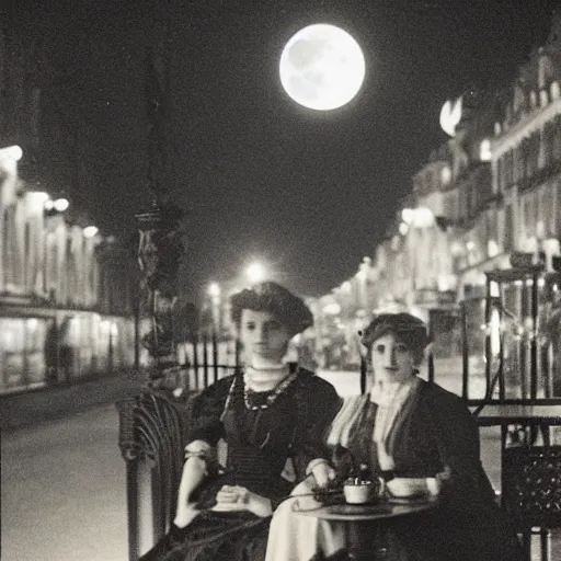 Prompt: two young edwardian women sit outside a cafe in paris at night, the moon is in the sky, the eiffel tower is visible in the background