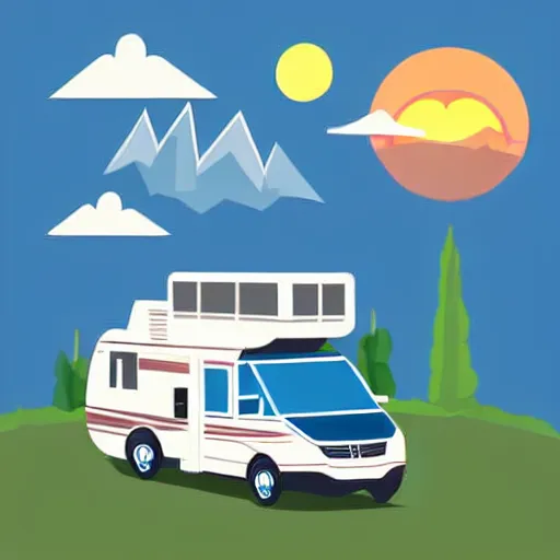 Prompt: stylized vector art featuring a white and black cute thor chateau! motorhome camper!!, highway, mountains and sunset!!, very happy, professional colorful minimal vector art