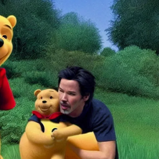 Image similar to A still of Keanu Reeves as Winnie the Pooh