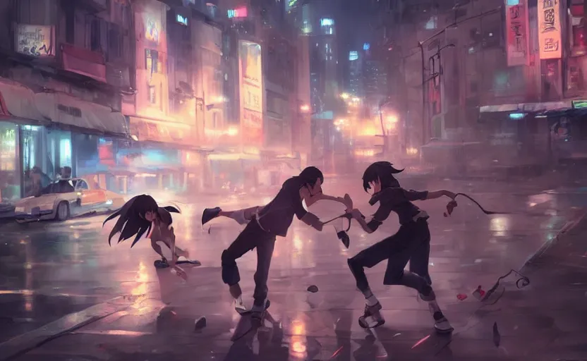 Image similar to a street fight, full shot, atmospheric lighting, detailed faces, by makoto shinkai, stanley artgerm lau, wlop, rossdraws