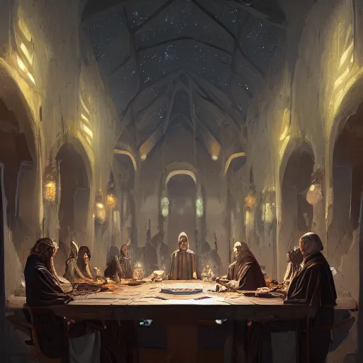 Image similar to A meeting of the council of elders, robed figures sat around a table, beautiful architecture, night time, stars visible, beautiful moon light, concept art, fantasy art, painted by Greg Rutkowski, trending on artstation