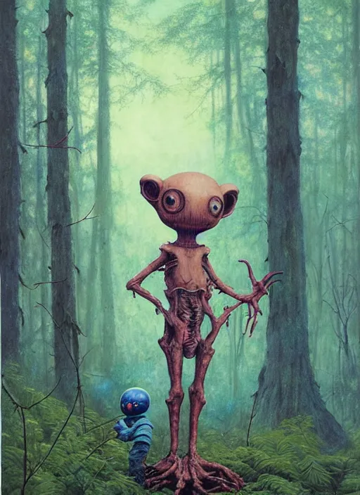 Prompt: cuddly friendly alien in the woods by a river gorgeous lighting, lush forest foliage blue sky a hyper realistic painting by chiara bautista and beksinski and norman rockwell and greg rutkowski, tom bagshaw weta studio, and lucasfilm