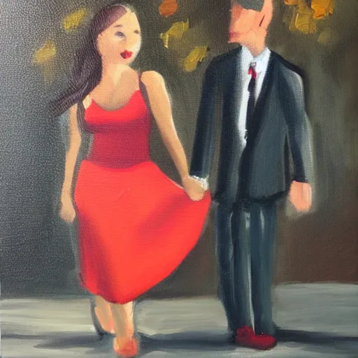 Image similar to oil painting of a girl in a red dress on a date night
