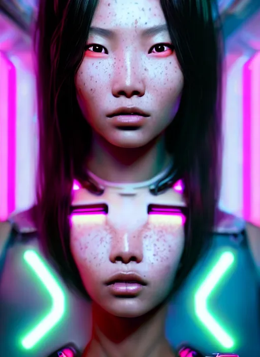 Image similar to photorealistic portrait of asian female humanoid, freckled skin, cyber neon lightings, highly detailed, cyberpunk high fashion, elegant, crispy quality, trending in artstation, trending in pinterest, glamor pose, no signature, no watermark, cinematic, octane render, art by artgerm, art by greg rutkowski, art by pascal blanche