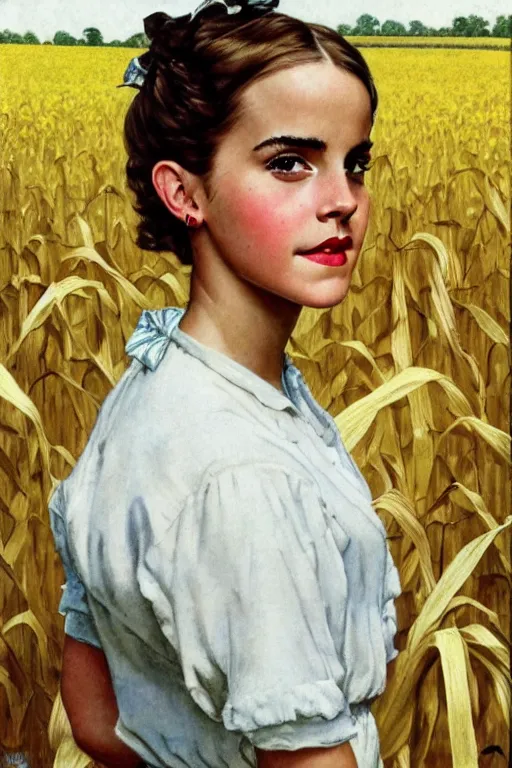 Image similar to Emma Watson in a corn field 1950s portrait by Norman Rockwell