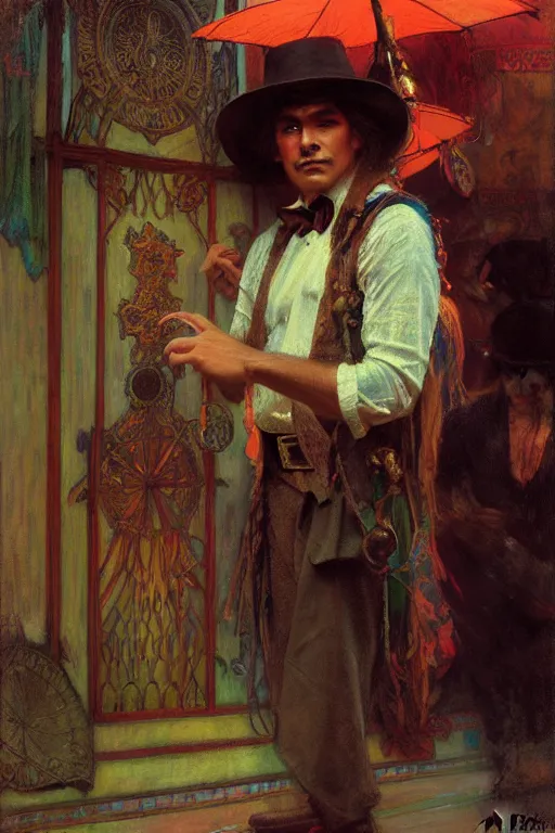 Image similar to honduran immigrant, dressed as a magician. christopher street, nyc, realistic painting by gaston bussiere, craig mullins, greg rutkowski, alphonse mucha