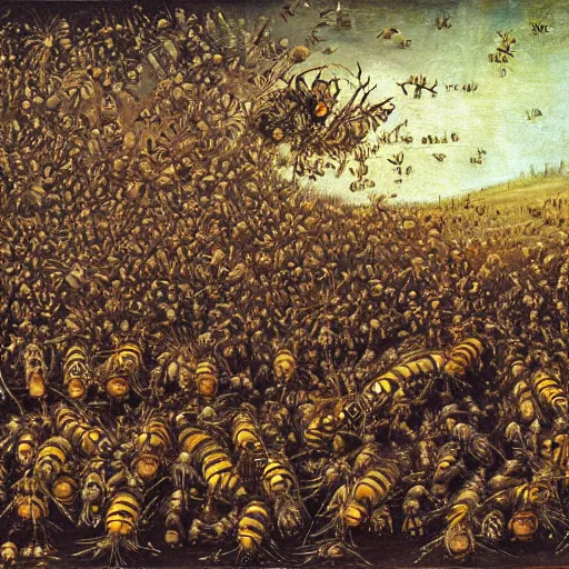 Image similar to a swarm of bumblebees attacking sleeping people in hell, art by bosch, highly detailed, masterpiece