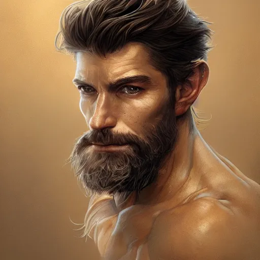 Image similar to portrait of a ruggedly handsome paladin, soft hair, muscular, half body, leather, hairy, d & d, fantasy, intricate, elegant, highly detailed, digital painting, artstation, concept art, smooth, sharp focus, illustration, art by artgerm and greg rutkowski and alphonse mucha