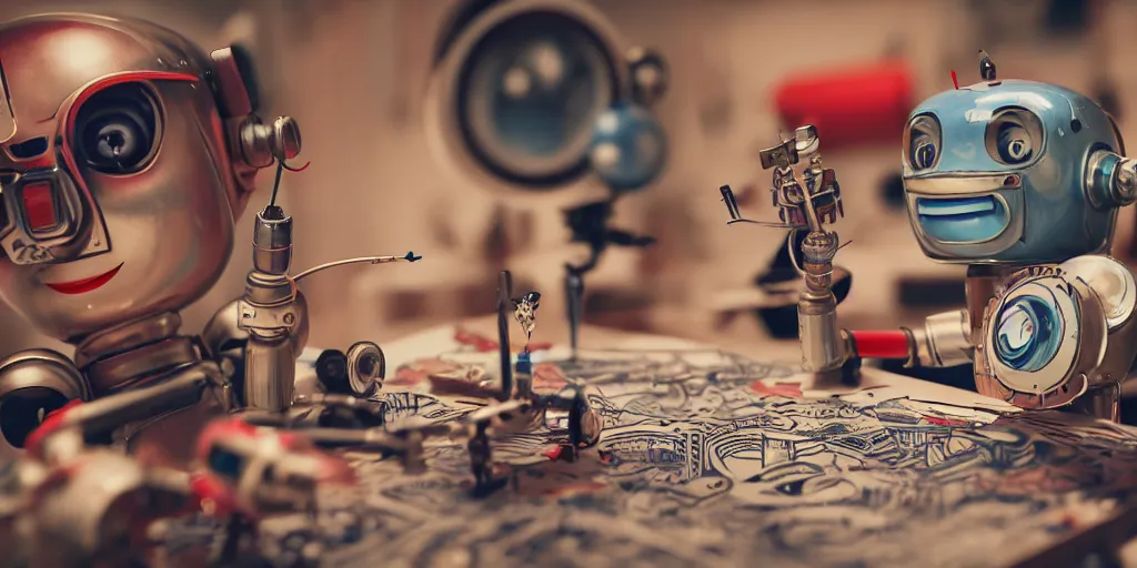 Image similar to closeup portrait of tin toy retro robot artist drawing on paper, in a workshop, depth of field, zeiss lens, detailed, centered, fashion photoshoot, by nicoletta ceccoli, mark ryden, lostfish, breathtaking, 8 k resolution, extremely detailed, beautiful, establishing shot, artistic, hyperrealistic, octane render