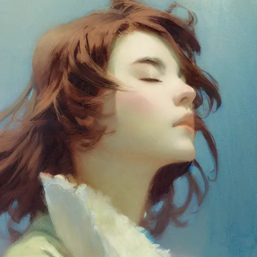 Prompt: a detailed uplight portrait of am pretty anime girl, eyes closed, uplight, painting by gaston bussiere, craig mullins, j. c. leyendecker