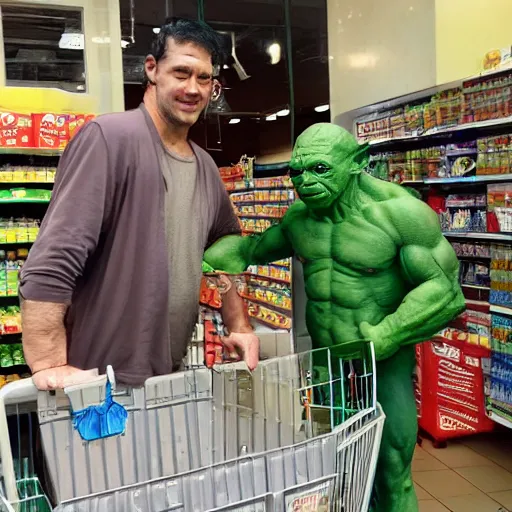 Image similar to a mix between Hulk and Yoda and Dobby and gollum buying groceries in a seven eleven, center frame medium shot, shot on technicolor cinemascope 35mm anamorphic lense, flare