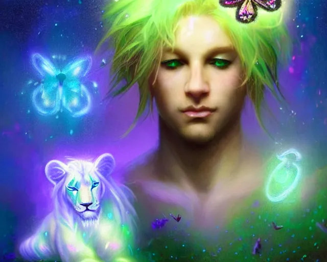 Prompt: harmony glowing neon tiny butterfly stars, giant white lion, mute, closed eyes, androgynous blonde male wearing, pond, green 🍃, rainbow hair overlay, beautiful lit, dark background, highly detailed, fantasy art by craig mullins, thomas kinkade