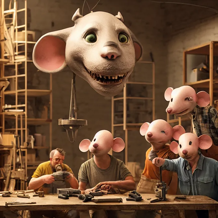 Prompt: crew of workers building giant mouse - prop - head in quaint workshop, octane render, 4 k ultra hd, hyper - detailed, realistic, seedy lighting, sharp focus, in style of beeple