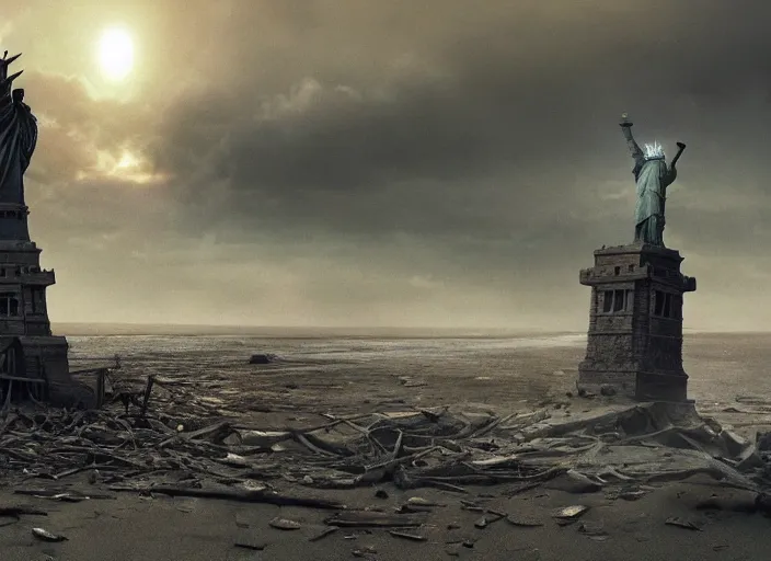 Image similar to a Photorealistic dramatic hyperrealistic render of a ruined destroyed decayed statue of liberty on a desolate beach in a post-apocalyptic world, futuristic nuclear apocalyptic planet of the apes vibe, by WLOP and Artgerm and Greg Rutkowski and Alphonse Mucha, Beautiful dynamic dramatic dark moody lighting, shadows, cinematic atmosphere, Artstation, concept design art, Octane render, 8K, masterpiece