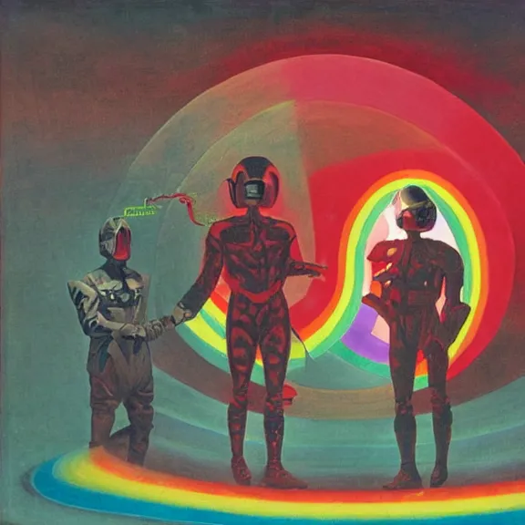 Image similar to two time generals wearing flight masks and red rick owens flight suits with their hands behind their backs inside the glowing geometric rainbow portal to the sixth dimension by frank frazetta