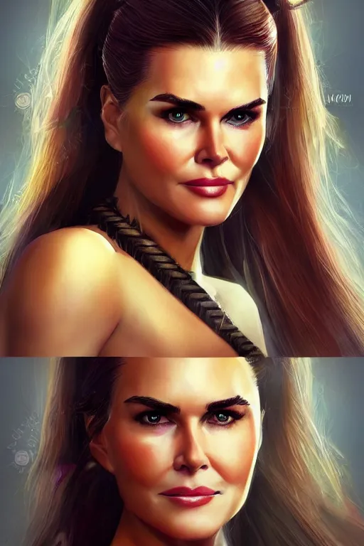 Image similar to mix of beautiful young maria shriver, mariel hemmingway, brooke shields, nicole kidman and elle macpherson as a young amazon warrior, thin lips, hair tied up in a pony tail, dark blonde hair, colorful, artstation, cgsociety