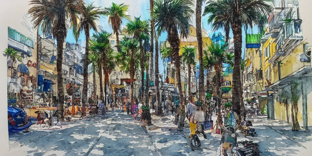 Prompt: streets of tel aviv. pen painting watercolors. colorful. highly detailed. palm trees. dogs. 8 k. artstation trending